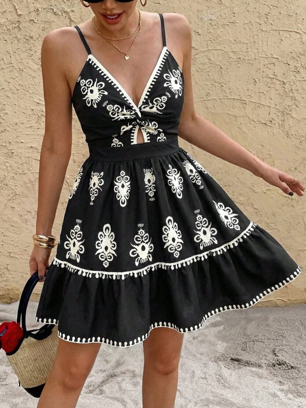Black Boho Women's Casual Front Twist Camisole Mini Dress
